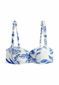Top bikini floreale blu con base bianca, arricciature sul davanti e spalline regolabili con una finitura leggermente texturizzata.