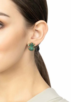 Green frog-shaped earrings with sparkly texture, gold accents, and small star details attached at the top. Lightweight design for comfortable wear.