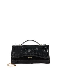 Black patent leather handbag with a structured design, featuring a wave pattern, gold accents, and a detachable chain strap.