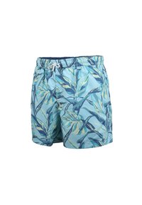 Short de bain bleu avec imprimé de feuilles tropicales vertes et jaunes et fermeture à cordon blanc à la taille élastique.