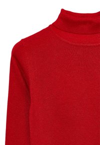 Maglione rosso a collo alto realizzato in tessuto a maglia testurizzata. Caratterizzato da un design aderente con un colletto a coste e accenti di filo luccicante in tutto il capo.