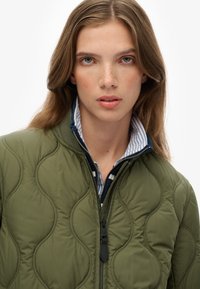 Giacca trapuntata verde oliva con zip frontale e colletto rialzato, indossata sopra una camicia a righe blu e bianche. Texture liscia, design moderno.