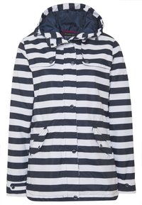 Imperméable bleu marine et blanc à rayures horizontales avec capuche, boutons-pression à l’avant et quatre poches à rabat.