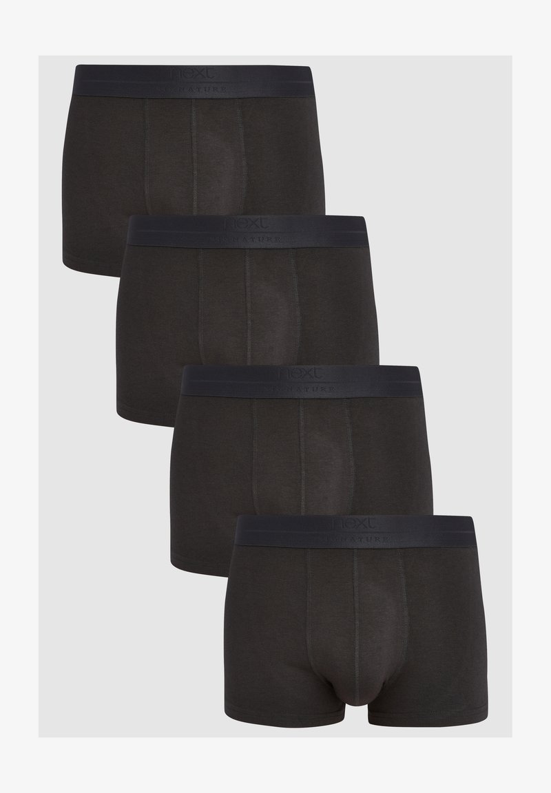 Fekete pamut boxer alsók négyes szettben, sima textúrával, logós rugalmas derékkal és strukturált panel részletekkel.
