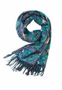 Sciarpa blu navy con un motivo floreale e animale colorato, realizzata in un tessuto morbido con bordi frangiati, che mette in risalto disegni intricati.