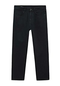 Jeans in denim nero con taglio dritto, cinque tasche, chiusura con bottone e una texture liscia, presentano segni minimi di usura e nessun motivo visibile.