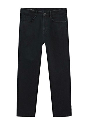 Sorte denimjeans med lige pasform, fem lommer, knaplukning og en glat tekstur, der viser minimal brug og ingen synlige mønstre.