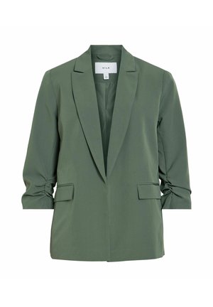 Olivengrøn skræddersyet blazer med rynkede trekvartærmer, revers med hak og forlommer med klap.