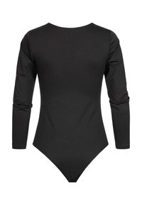 Długi rękaw czarny bodysuit wykonany z gładkiego materiału, z okrągłym dekoltem i dolnym krojem w stylu thong. Minimalistyczny design, jednolity kolor.