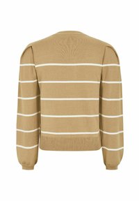 Maglione lavorato a maglia beige con strisce orizzontali bianche, maniche lunghe, scollatura rotonda e orlo aderente. Tessuto testurizzato con dettagli a costine.
