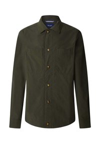 Oliwkowa koszula z długim rękawem, zapinana na guziki, wykonana z bawełny, z dwiema kieszeniami na piersi i brązowymi guzikami na gładkim materiale.