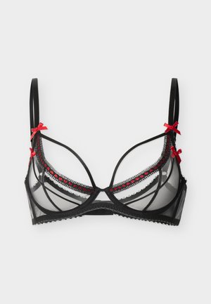 Schwarzer transparenter BH mit Bügel, dünnen Trägern, roten Schleifen an den Trägern und roten Perlenverzierungen entlang der oberen Kante der Körbchen.
