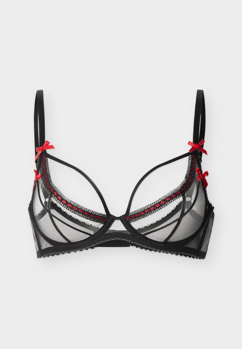 Μαύρο διάφανο σουτιέν με μπανέλα, λεπτές τιράντες, κόκκινες φιόγκοι στις τιράντες και κόκκινες χάντρες διακοσμούν την επάνω άκρη των cups.