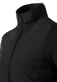 Svart jacka med hög krage och hel dragkedja. Har texturerade sidopaneler och slätt tyg, utformad för komfort och rörlighet.