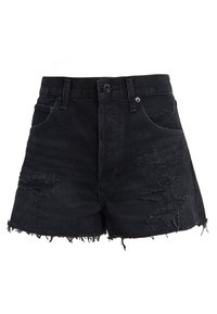 Pantalones cortos de mezclilla negra con dobladillos deshilachados, detalles rasgados, diseño de cinco bolsillos y cierre de botón metálico en la cintura.