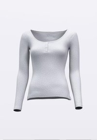 Lichtgrijs shirt met lange mouwen, een ronde hals en een enkele knoopdetail bij de halslijn. Gemaakt van een gestructureerde stof met een getailleerd ontwerp.