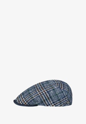 Blue and brown plaid flat cap with a small metal emblem on the side, displayed against a white background.
