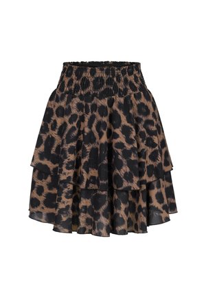 Suknja s tornjevima i elastičnom trakicom u struku, koja se ističe uzorkom smeškastih i crnih leoparda na laganom materijalu.