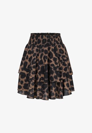 Jupe à volants avec taille élastique, présentant un motif léopard marron et noir sur un tissu léger.