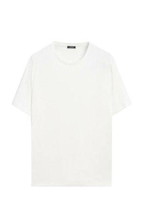 T-shirt blanc uni à manches courtes et col rond, présenté sur un fond blanc, vue de face.