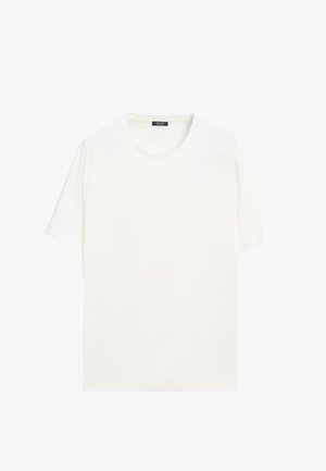 Jednoduché bílé tričko s krátkými rukávy a kulatým výstřihem, zobrazené na bílém pozadí, ve frontálním pohledu.