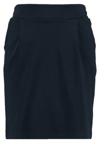 Mörkblå blyertskjol i mjukt material, med en figurnära design och veck vid midjan samt en slät yta.