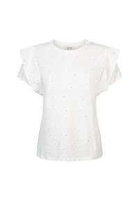 Witte t-shirt gemaakt van zachte stof, met korte fladdermouwen, een ronde halslijn en verspreide grijze spikkels overal.