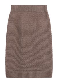 Jupe crayon brune en tricot jusqu'au genou, avec une ceinture et un ourlet côtelés, présentant un motif en maille horizontale texturée sur toute la surface.