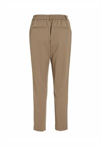 Bež hlače s elastičnim pojasom, dva stražnja džepa, suženim dizajnom nogavica i glatkom teksturom prikladne za ležerno nošenje.