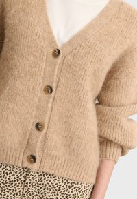 Cardigan lavorato a maglia beige con scollo a V, cinque grandi bottoni e maniche a costine. Texture morbida, con un fit rilassato. Motivi non visibili.