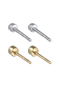 Silber- und goldene Ohrstecker aus Metall mit zylindrischen Stiften und runden Basen, die eine polierte Oberfläche aufweisen. Zwei Paare, eines in jeder Farbe.