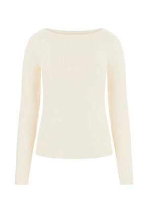 Top a maniche lunghe in bianco sporco, con scollo a barca, realizzato in un tessuto morbido dalla texture liscia. Design semplice senza motivi o dettagli.