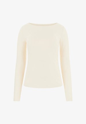 Top a maniche lunghe in bianco sporco, con scollo a barca, realizzato in un tessuto morbido dalla texture liscia. Design semplice senza motivi o dettagli.