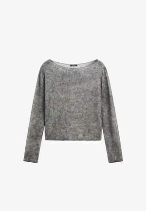Pull en maille gris avec un large décolleté, des manches longues et une coupe courte. Tissu doux et texturé avec un subtil motif en côtes verticales.