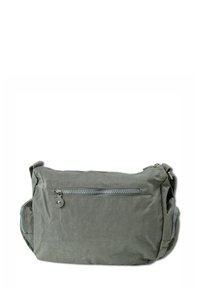 Graue Stoff-Umhängetasche mit einer Reißverschluss-Vordertasche, weicher Textur und verstellbarem Tragegurt. Zu den Merkmalen gehören eine glatte Oberfläche und ein minimalistisches Design.