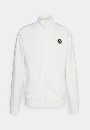 Hvid lynlås sweatshirt lavet af fleece, med høj krave, ribbede manchetter og et rundt logo på brystet. Diskrete mønstrede detaljer på ærmerne.