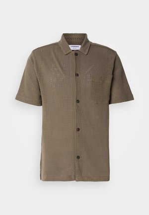 Short-sleeve, olive green shirt made of mesh fabric, featuring a button-down front, a chest pocket, and a relaxed fit.