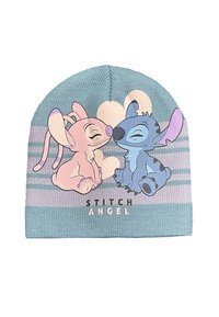 Gorro de lana azul con personajes de dibujos animados en rosa y azul, con un diseño a rayas. Texto "STITCH ANGEL" mostrado en la parte frontal.