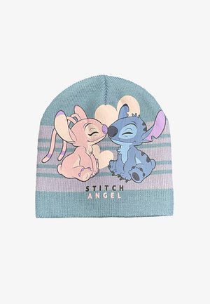 Niebieska dzianinowa czapka z różowo-niebieskimi postaciami z kreskówek i paskowym wzorem. Napis "STITCH ANGEL" znajduje się z przodu.