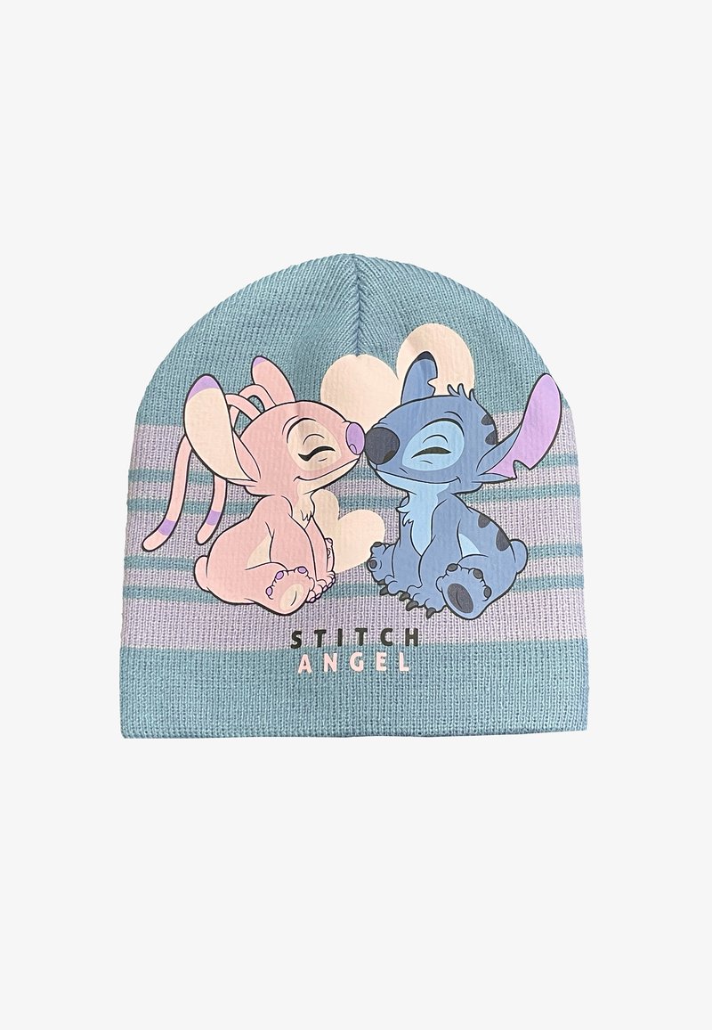 Gorro de lana azul con personajes de dibujos animados en rosa y azul, con un diseño a rayas. Texto "STITCH ANGEL" mostrado en la parte frontal.
