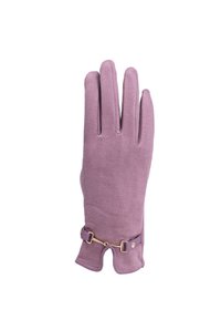 Guanti in suede lilla con una vestibilità elegante, dotati di una fascia in metallo dorato al polso e di un design aperto al polsino.