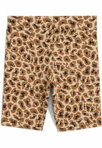 Shorts da bici in stampa leopardata beige, con macchie nere e marroni. Realizzati in tessuto elasticizzato con una comoda vita elasticizzata.