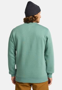 Felpa verde menta con scollo rotondo, polsini e orlo a costine. Indossata con un berretto lavorato a maglia scuro. Tessuto morbido e design semplice.