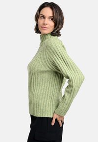 Hellgrüner, gerippter Strickpullover mit hohem Stehkragen, tiefen Schultern und langen Ärmeln. Weiche Haptik und entspannter Schnitt.