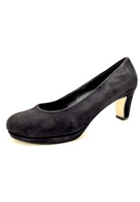 Schwarze Wildleder-Pumps mit hohen Absätzen, runder Zehenform, moderatem Plateau und einem goldfarbenen Akzent am Absatz. Glatte Textur mit softem Finish.