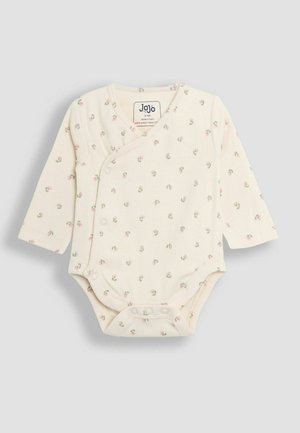 Cremefarvet langærmet babybody med ribbet tekstur, der har spredte rosa blomstertryk og trykknapper nederst.