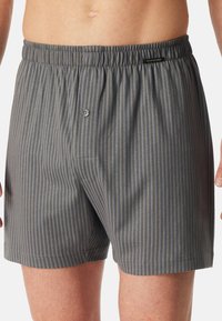 Pantaloni boxer grigi a righe con elastico in vita, caratterizzati da strisce blu decorative e un dettaglio con bottone sul fronte. Tessuto morbido.