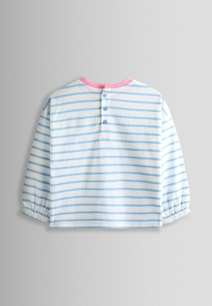 Pruhované tri čko s dlhým rukávom v svetlomodrej a bielej bavlne s ružovým golierom a trojgombíkovým rozparkom na zadnej strane; elastické manžety.