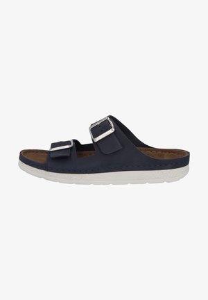 Navy blue slip-on sandal with two adjustable buckles, a cushioned brown insole, and a white textured outsole. Smooth upper material.