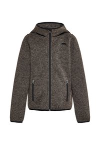 Giacca in pile grigia con cappuccio, chiusura con zip, due tasche laterali, dettagli neri e un piccolo logo sulla parte sinistra del petto.